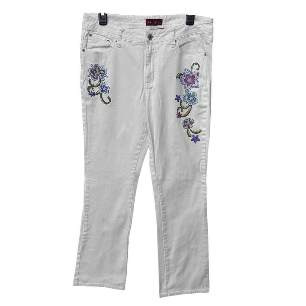 White‎ Denim Floral Embroidered Hi Jeans Women Size 10 Straight Leg Boho Flower